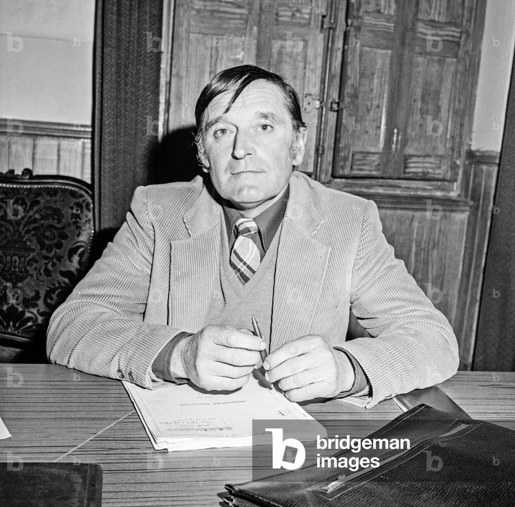 Mr Barthe, Secretary-General of the French ovine federation, March 13, 1980 (he represents the 50000 French stock breeders against English competition) (b/w photo)
