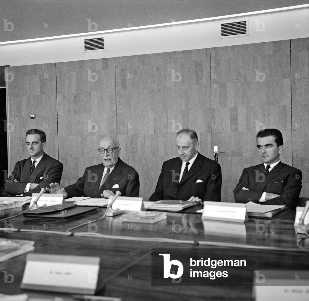 1St Meeting of Board of Directors of Ortf ( Former Name of French Broadcasting Service) on July 25, 1964 : L-R : Alain Peyrefitte, Vladimir D'Ormesson, Jean Ourticq, Claude Contamine (b/w photo)