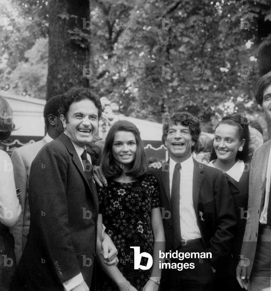 For his 80Th Birthday, Maurice Chevalier Was Surronded By Friends: French Vocal Group Les Compagnons De La Chanson, Manitas De Plata, Minouche Barelli and Joe Dassin on September 19, 1967 (b/w photo)