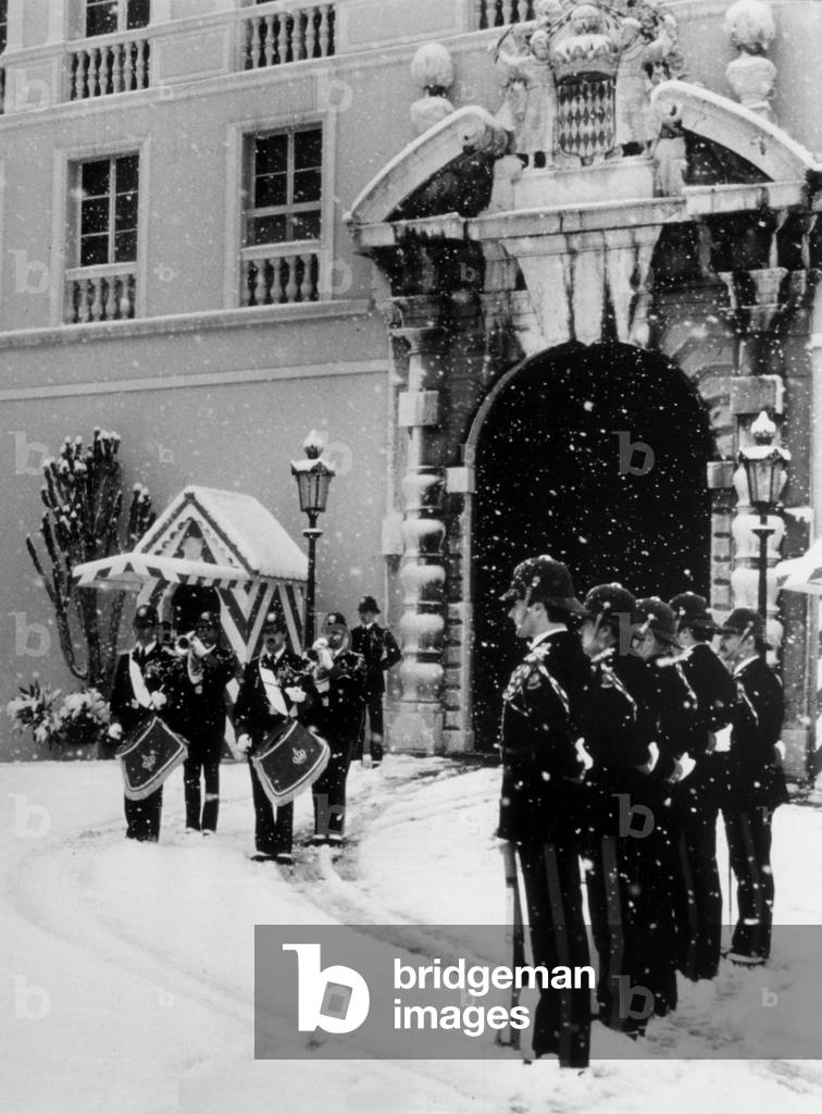 In Front of The Monaco Palace, The Snow Falling during The The Changing of The Guard, January 1985 (b/w photo)
