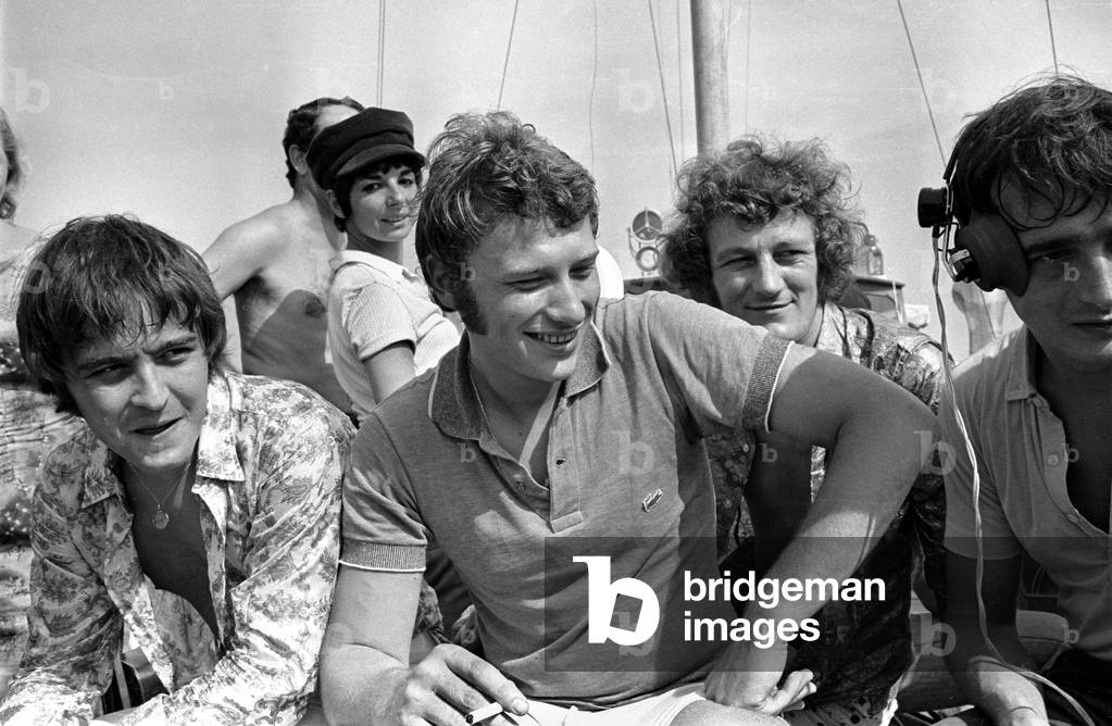 French Singer Johnny Hallyday during Holiday on French Riviera in 1967 (b/w photo)