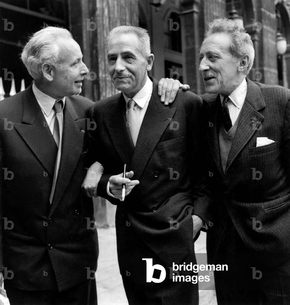 Georges Limbourg Congratulated by Louis Aragon and Jean Cocteau, 1956 (b/w photo)