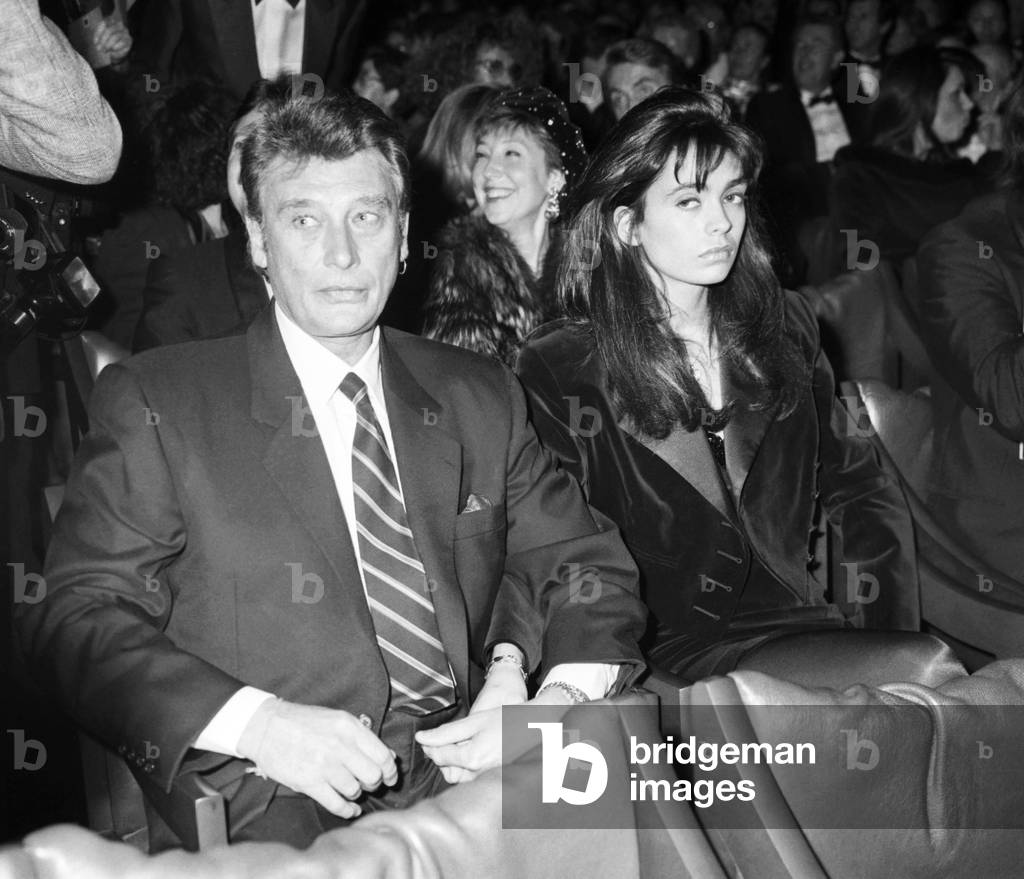 Opening of the theatre in Nice on December 21, 1989 : Johnny Hallyday and his girlfriend Adeline Blondieau (b/w photo)
