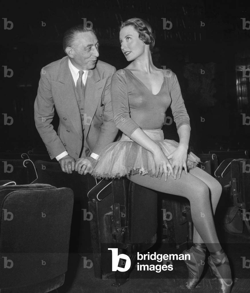 French actress Michele Morgan with producer Joseph Bercholz at the Palais de Chaillot, Paris, on set of film 