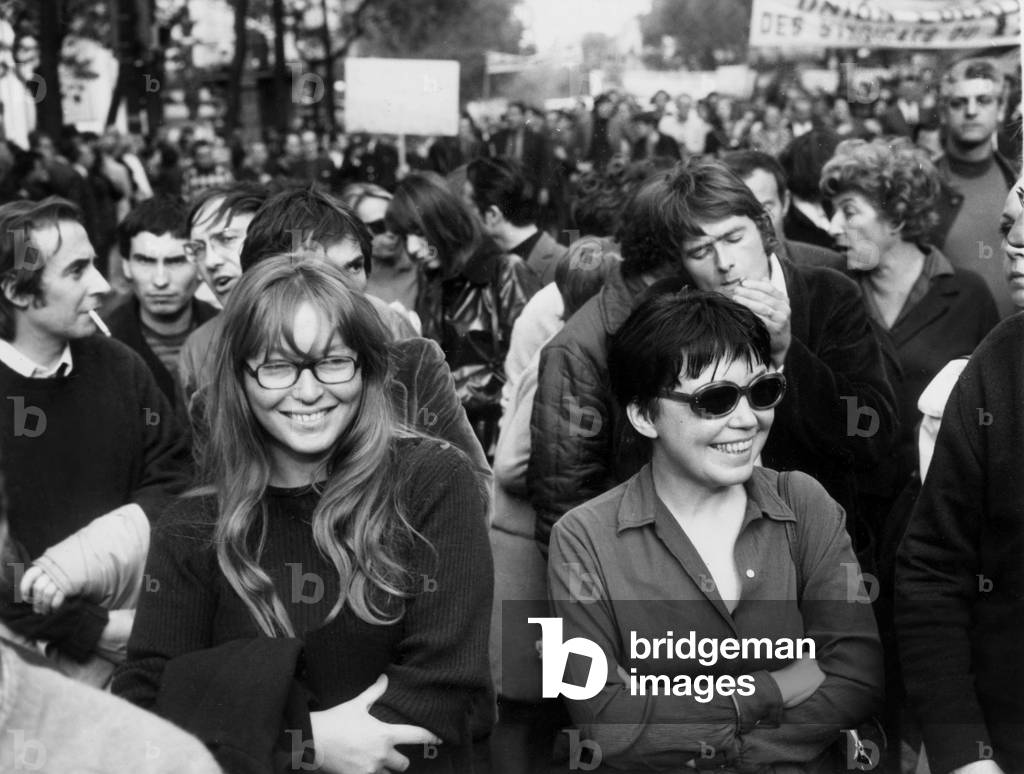 Demonstration of Cgt (French Trade Union) in Paris on May 24, 1968 : French Actress Marina Vlady (L) and her Sister Olga Ken (b/w photo)