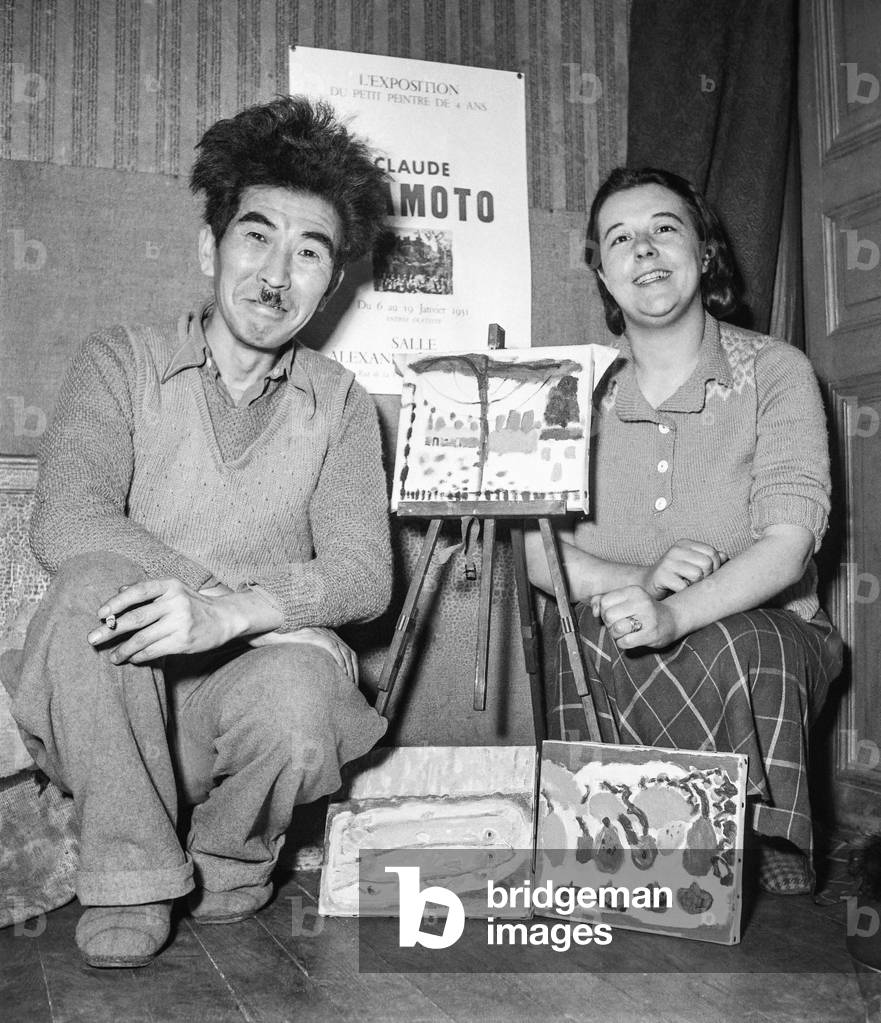Mr and Mrs Okamoto, the parents of Claude Okamoto, young painter (4), Paris, 1951 (b/w photo)