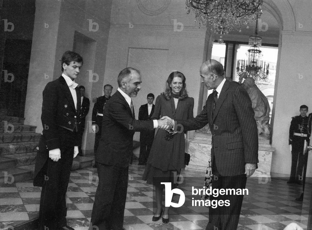 King Hussein of Jordan With French President Valery Giscard D'Estaing at Elysee Palace in Paris, June 11, 1979  (b/w photo)