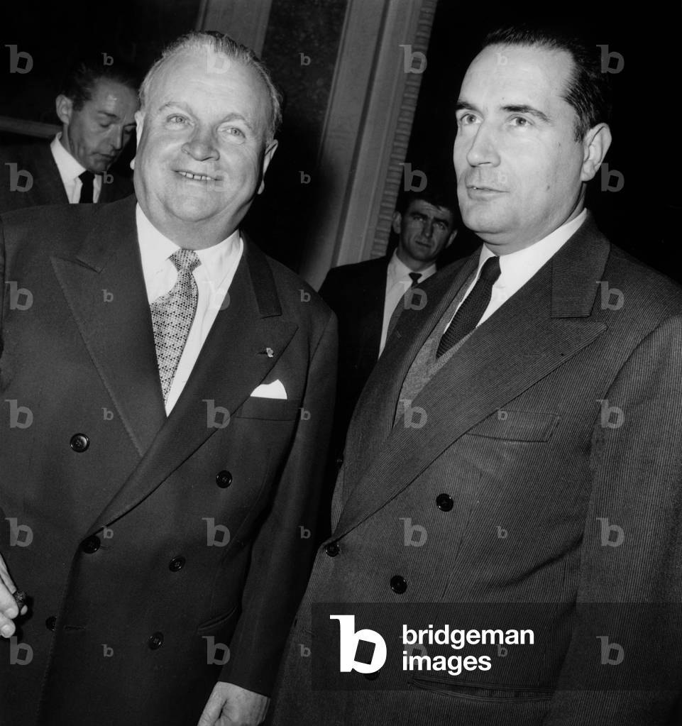 Francois Mitterrand and Andre Maroselli on April 28, 1959 (b/w photo)