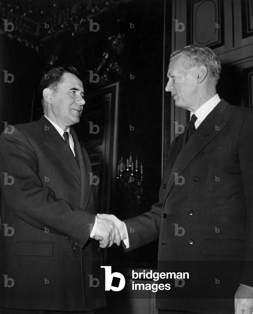 Andrei Gromiko (Soviet Minister For The Foreigns Affairs) Shaking Hands With Maurice Couve De Murville (French Minister For The Foreigns Affairs) at The French Foreign Office in Paris, April 1965 (b/w photo)