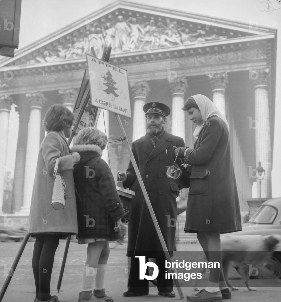 People of the Salvation Army collecting money for the poor people, Paris, December 22, 1960 (just before Christmas) (b/w photo)