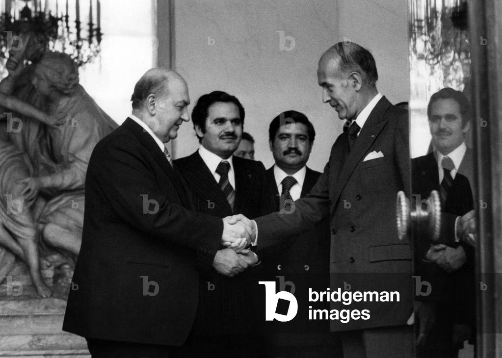 Vice President of Iraq Taha Muhie-Eldin Marouf Shaking Hand With French President Valery Giscard D'Estaing After his Viist at The Elysee, Paris, January 11, 1979 (b/w photo)