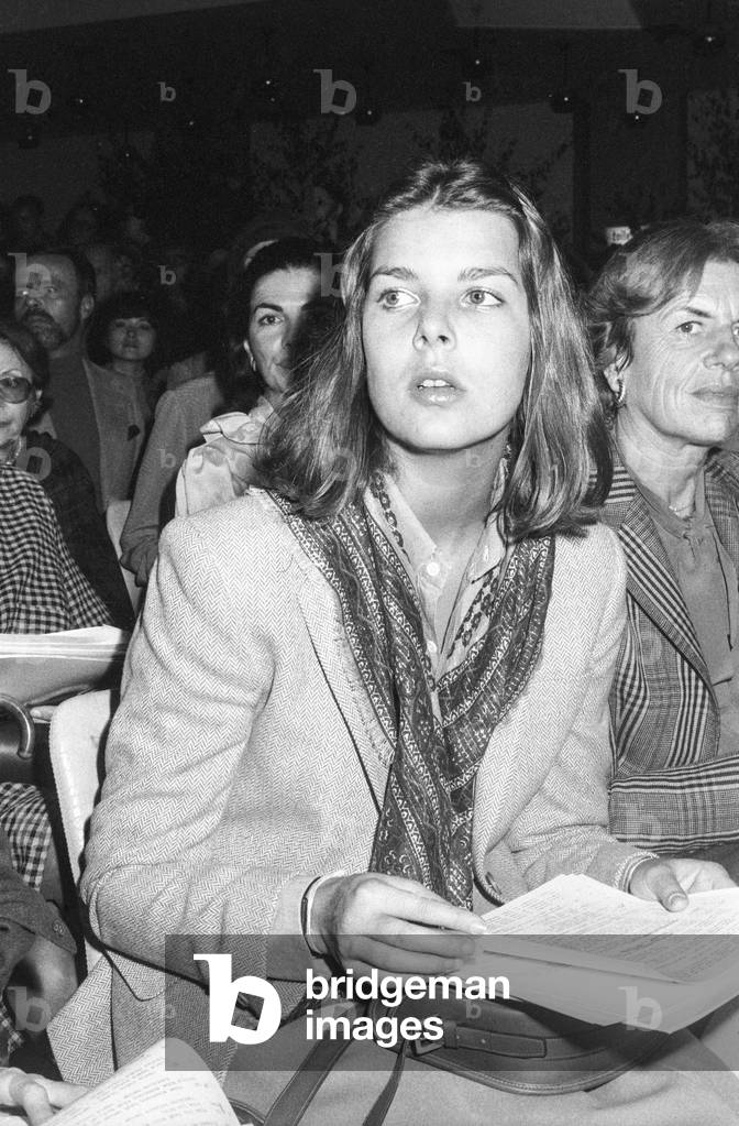 Princess Caroline of Monaco attending Dor fashion show, Paris, October 24, 1977 (b/w photo)