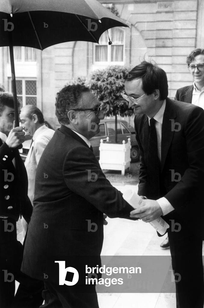 Henry Kissinger and Jacques Attali at Elysee Palace in Paris June 16, 1982 (b/w photo)