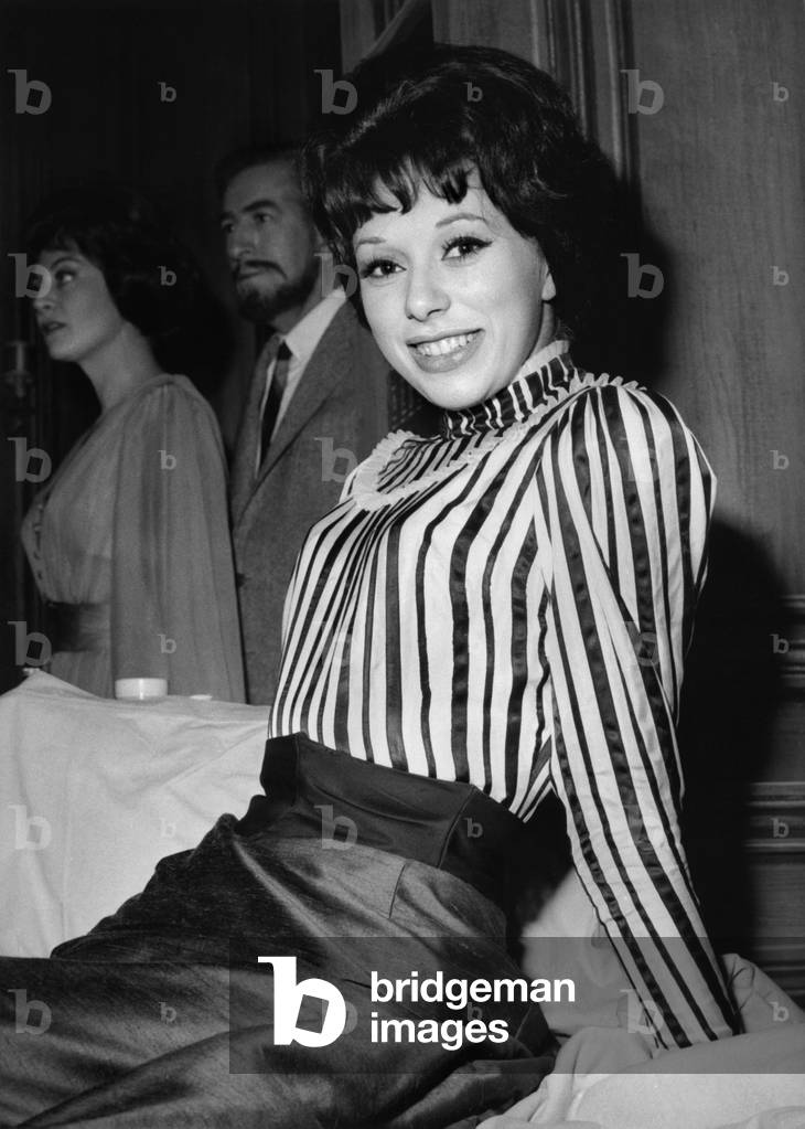 Photo-Finish, Play By Peter Ustinov: Rehearsal With Mireille Darc, January 13, 1964, Theatre Des Ambassadeurs (Espace Cardin), Paris, France (b/w photo)