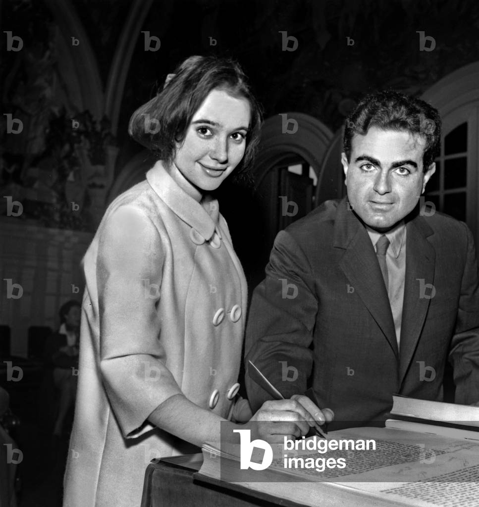 Wedding of Guy Beart and Cecile De Bonnefoy Du Charmel in Neuilly (France) March 7, 1959 (b/w photo)