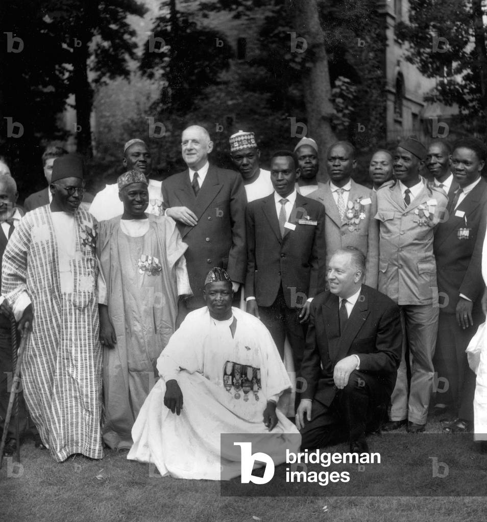 French President of The Republic Charles De Gaulle (1890-1970) With Mains Persons and Veterans From Overseas Countries on July 12, 1962  (b/w photo)