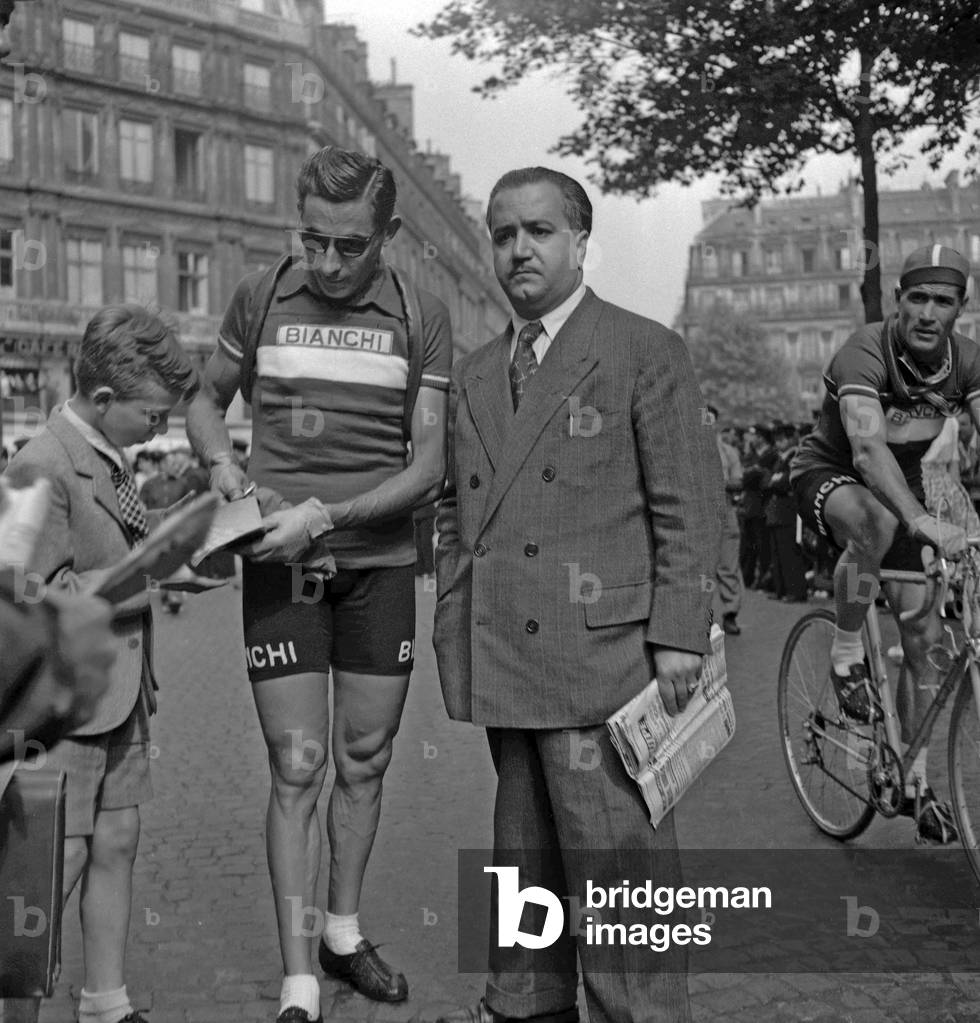 Tour de France (cycle race), 1949 : Italian cyclist Fausto Coppi, Paris, June 30, 1949 (b/w photo)