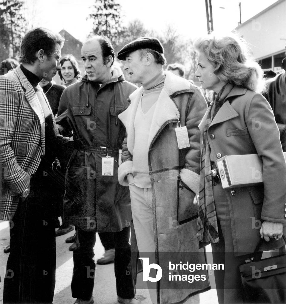 Jacques Anquetil Pousse Michel Audiard and Jeanine Anquetil on Departure of Paris-Nice Race March 10, 1971 (b/w photo)