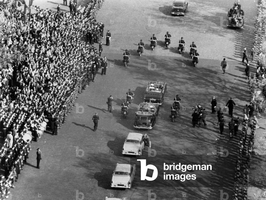 The Royal Procession For Visit of Queen Elizabeth II in Paris, on The Champs Elysees, April 8, 1957 (b/w photo)