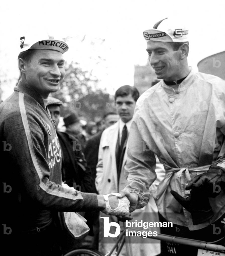 Raymond Poulidor (L) and Felice Gimondi (R) Before Departure of 65Th Paris-Roubaix Cycling Race April 9, 1967 (b/w photo)