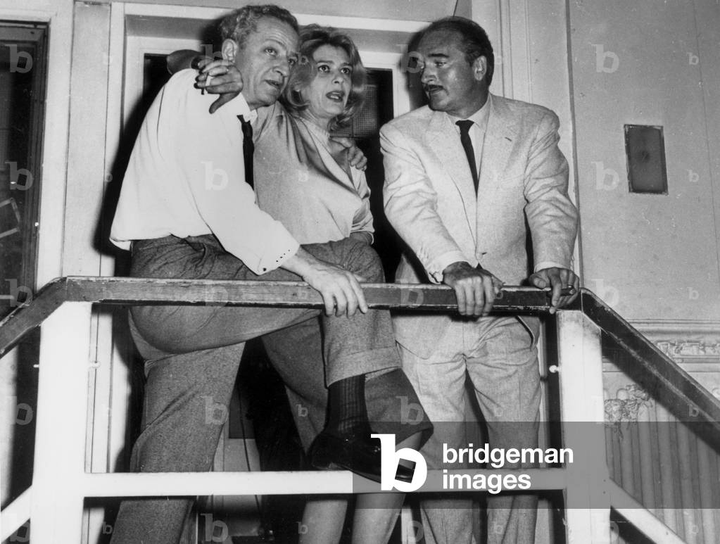 Melina Mercouri, Jules Dassin and Eddie Barclay in Paris on June 26, 1962 (b/w photo)