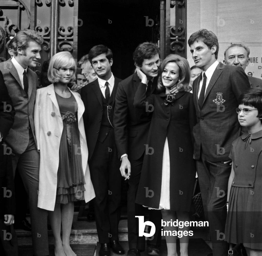 Wedding of Pascale Audret and Francis Dreyfus September 9, 1965, Neuilly in Presence of Johnny Hallyday and Sylvie Vartan, Jean-Claude Brialy and Hugues Aufray (Brother of The Bride) (b/w photo)