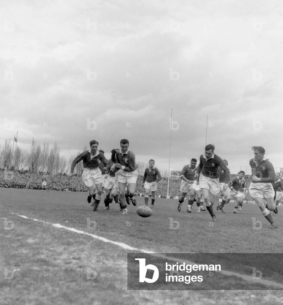 The Final of Rugby, of The Five Nations Tournament Between France and Wales, Winner 16 To 11 : L-R Brejassou (3), Baulon, Meredith and Gallois, in The Stadium of Colombes, on March 26Th, 1955 (b/w photo)
