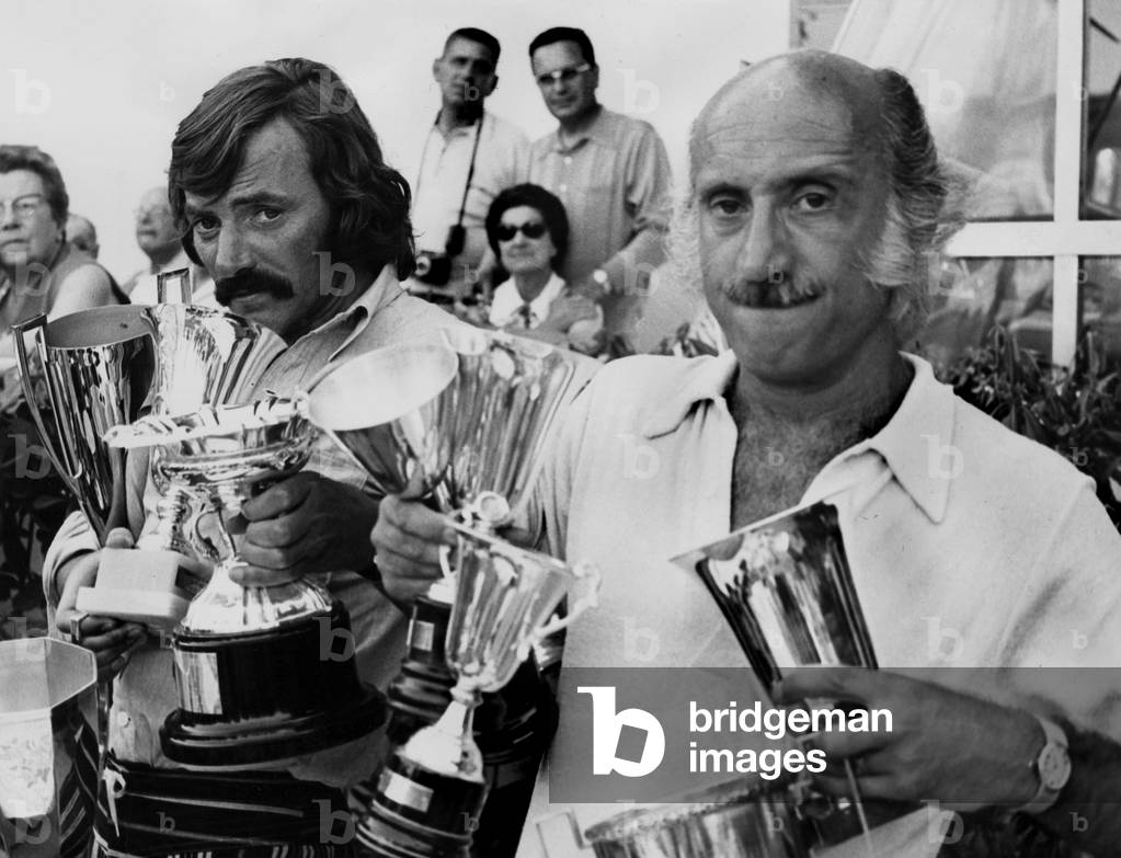 Les Freres Ennemis (Teddy Vrignault Right Et Andre Gaillard Left) during The Championship of The World of Petanque Carrying The Cup of The Winners on July 13, 1971  (b/w photo)
