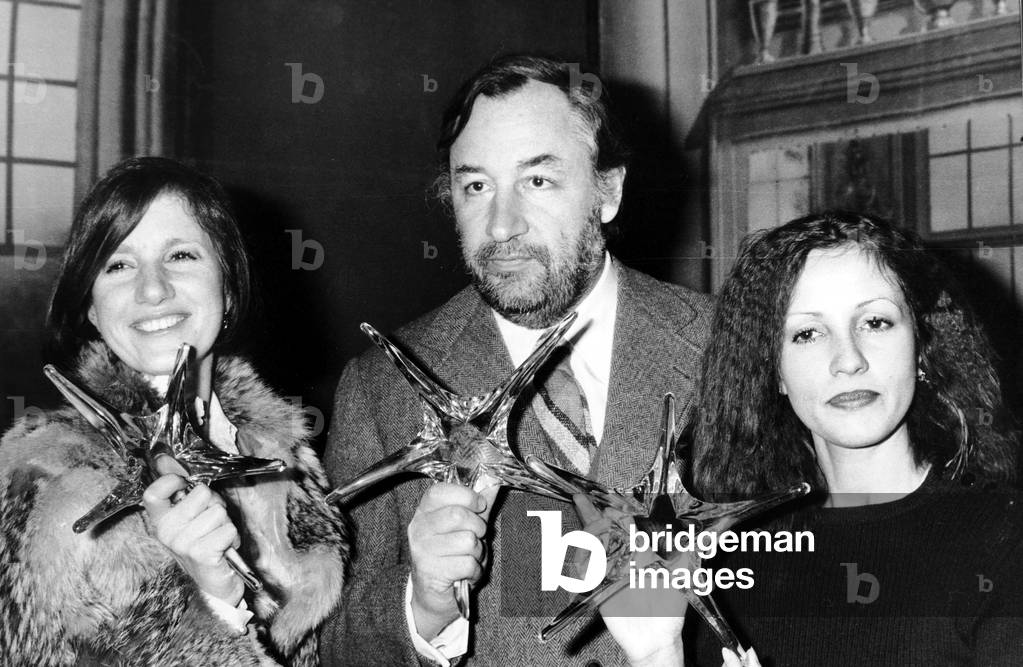 Dominique Labourier, Philippe Noiret and Juliet Berto Receiving A Prize of Cinema 1974 (b/w photo)