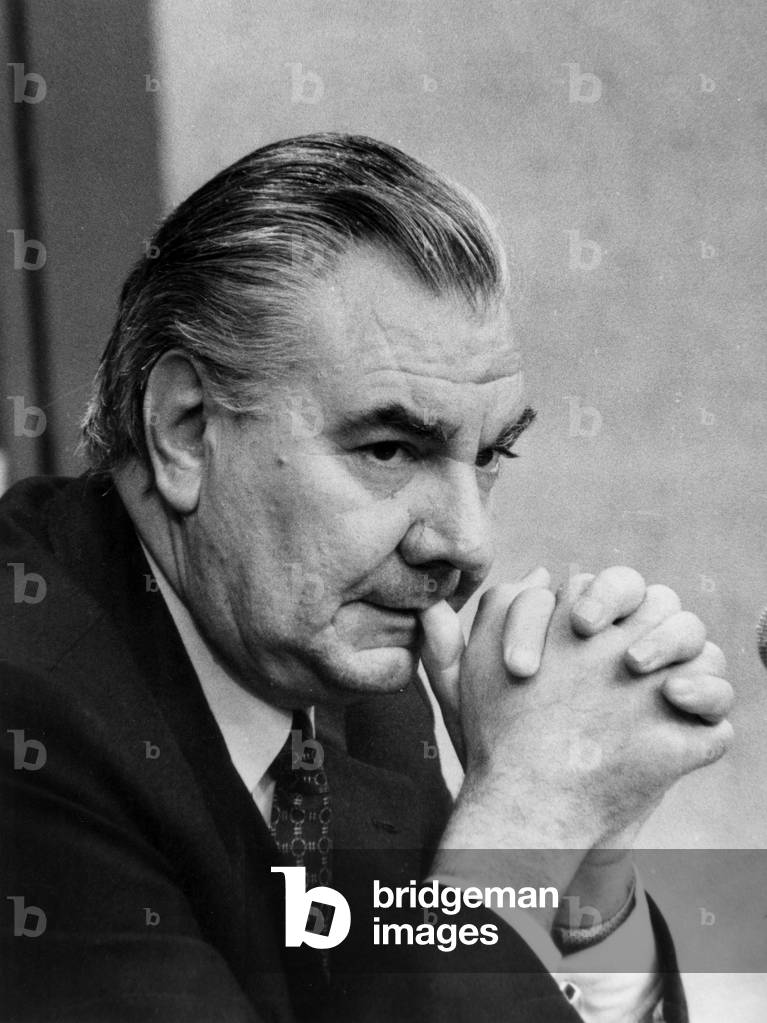 Rene Monory (Finance Minister) during his Press Conference in The French Radio Europe I, March 11, 1979 (b/w photo)