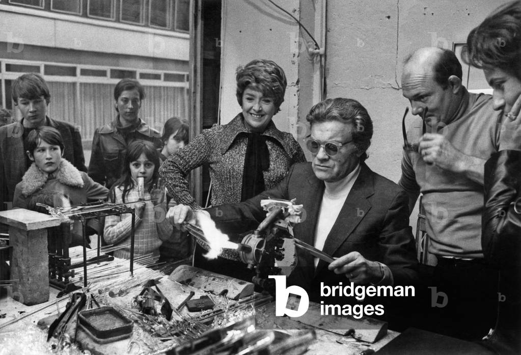 Georges Ulmer Making A Glass Object Under Look of Mick Micheyl, Charles Bourdelier and Jean Paul Cara December 2, 1972 (b/w photo)