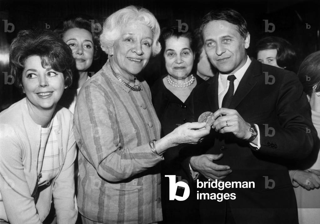 Francoise Rosay Giving A Medal To Director Andre Charpak on April 20, 1967 : L-R : Anne Vernon, Colette Mars, Francoise Rosay, Georgie Myers Auburtin, Andre Charpak (b/w photo)
