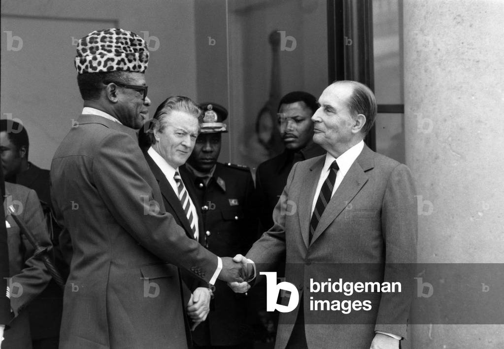 Marechal Joseph Desire Mobutu, President of Zaire With French President Francois Mitterrand at The Elysee Palace (Paris), on April 17, 1984  (b/w photo)