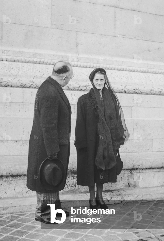 Funeral of French Marshal Jean de Lattre de Tassigny in Paris on January 15, 1952 : French politician Jean Letourneau and Simonne Calary de Lamaziere (widow of the Marshal) (b/w photo)