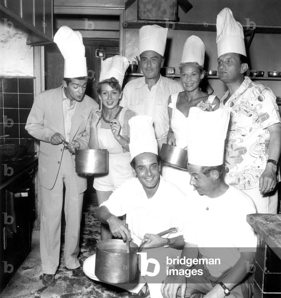 Actors and Singers Rodel, Thilda Thamar, Jean Murat, Gaby Sylvia, Serge Reggiani, Renaud Gravey and Georges Guetary As Cooks September 1949 (b/w photo)