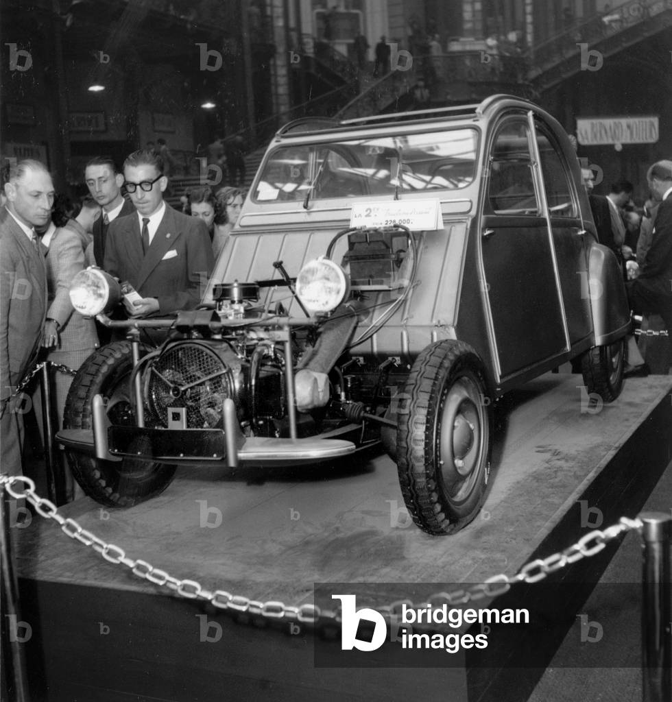 Citroen Car (Model 2Cv) at Paris Motor Show (Grand Palais) on October 1949 (b/w photo)