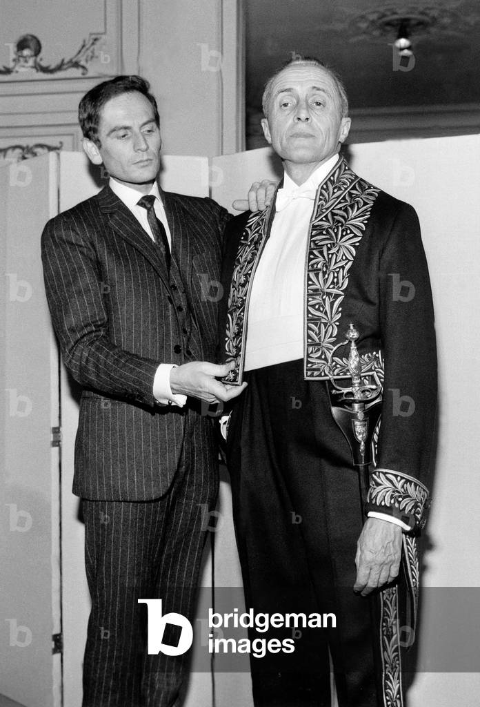 French Film Director Rene Clair With Couturier Pierre Cardin Making his Suit For The Academie Francaise on May 8, 1962 (b/w photo)