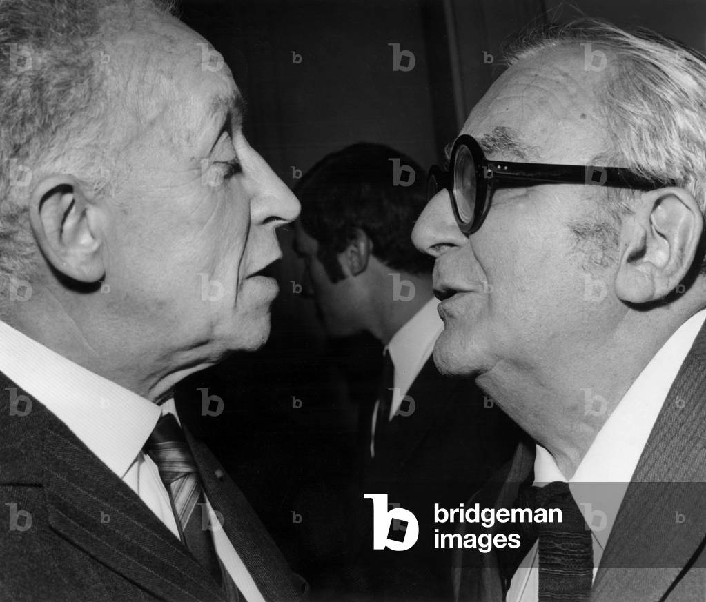 Pierre Henri Simon And Marcel Achard During The Meeting After The Award Of The “Pirx Du Roman” From The French Academy November 16, 1967 (b/w photo)