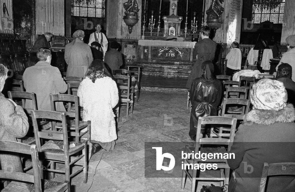 Traditionalist Catholic Priests Occupaying The Church of Saint Nicolas Du Chardonnet in Paris and Celebrate Traditionalist Mass (b/w photo)