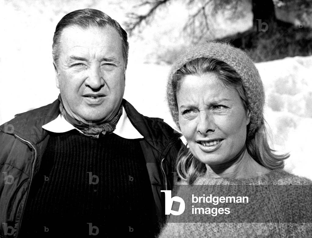 Henry Ford II and his wife Cristina Vettore during honey moon in Saint Moritz february 23, 1965 (b/w photo)