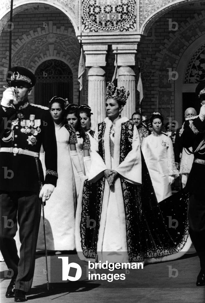 Farah Diba Pahlevi, After Ceremony of her Coronation As Empress of Iran at Golestan Palace in Teheran October 26, 1967 (Crown By Van Cleef Et Arpels) (b/w photo)