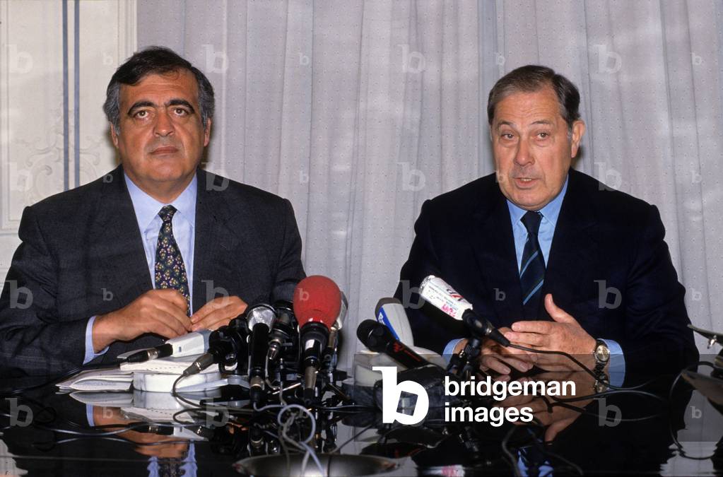 French Politicians Philippe Seguin and Charles Pasqua Wishing Press A Happy New Year on January 6, 1993 (photo)