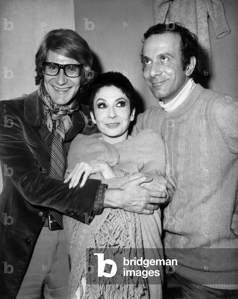 Yves Saint-Laurent, Zizi Jeanmaire and Roland Petit After Premiere of her Show at The Olympia in Paris November 13, 1968 (b/w photo)