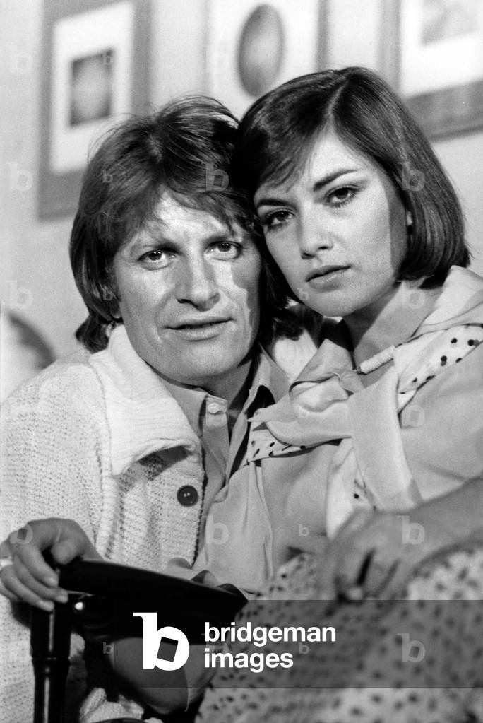 Actors Andre Dussollier and Nicole Calfan during TV Programme March 12, 1976 (b/w photo)