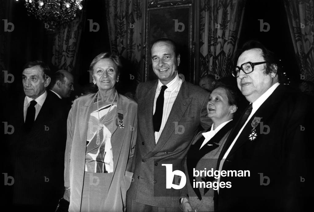 Raymond Devos and Odette Ventura Received The Legion of Honour From Jacques Chirac in Paris L-R Lino Ventura, Claude Ventura, Jacques Chirac, Raymond Devos and his Wife October 13, 1987 (b/w photo)