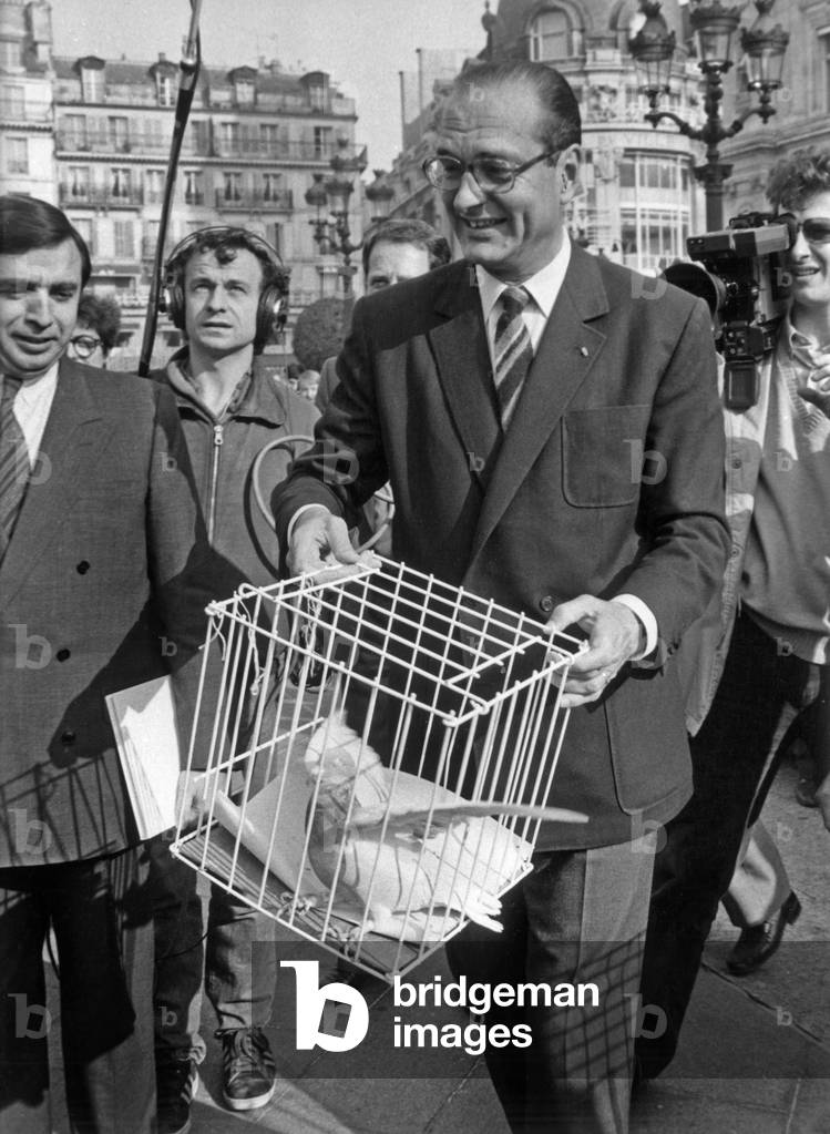 Jacques Chirac, Mayor of Paris, and Henri Pigeat at Release of Pigeons For 150E Anniversary of Afp (French Press Agency) Outside Paris Town Hall October 25, 1985 (b/w photo)