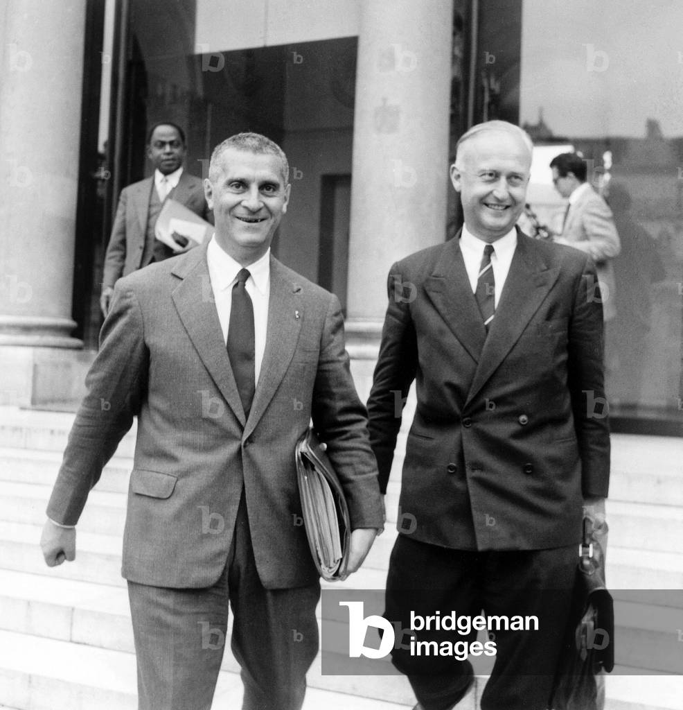 Bernard Cornut-Gentille Minister of Overseas Departments With Minister Pierre Pflimlin and in The Background Felix Houphouet-Boigny Leaving Elysee Palace September 3, 1958 at The Time of War in Algeria (b/w photo)