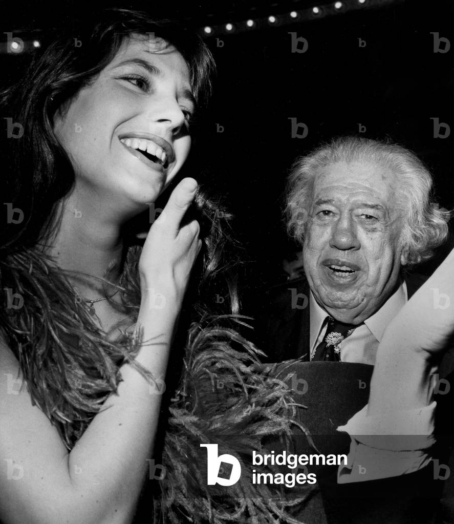 Jane Birkin and Michel Simon at Premiere of Show Grand Guignol February 19, 1974 (b/w photo)