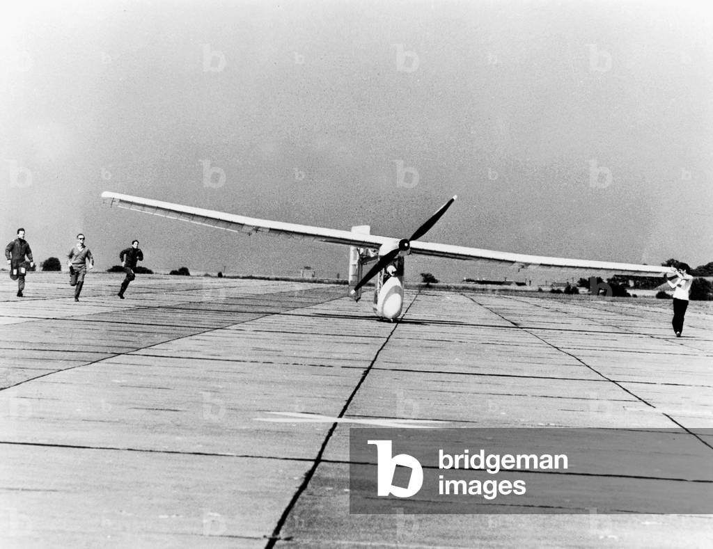 The Solar Challenger Plane Which Linked Paris and London on July 7, 1981, here Landing July 9, 1981 (b/w photo)