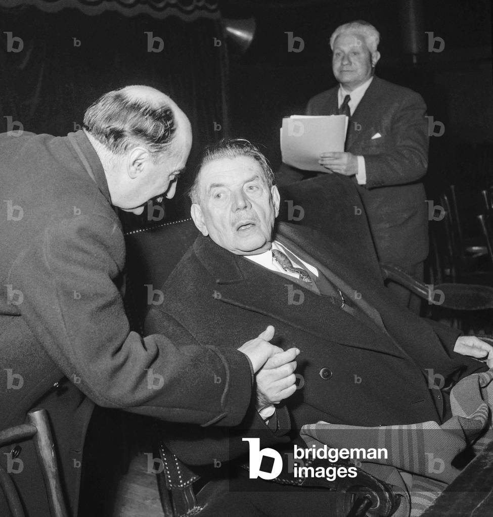 Yvon Delbos and Edouard Herriot at Socialist meeting, Paris, 1951 (b/w photo)